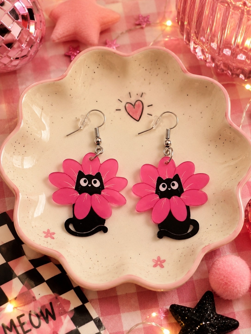Cute Pink Cat Flower Acrylic Earrings - New
